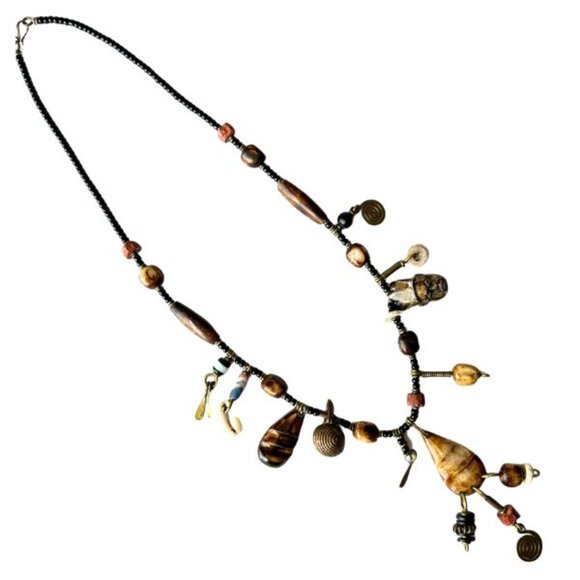 Vintage Handmade Brass, Bead, and Shell Necklace - Picture 2 of 9